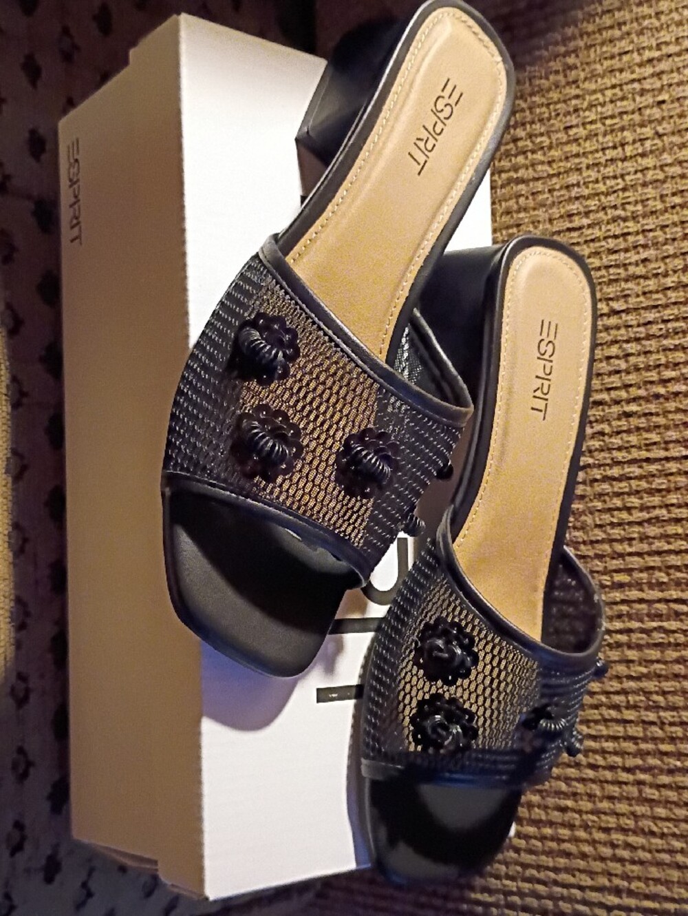 Esprit Women's Black Slip-On Mules with Knotted Floral Accents Size 7, NWT W/Box - Picture 10 of 16